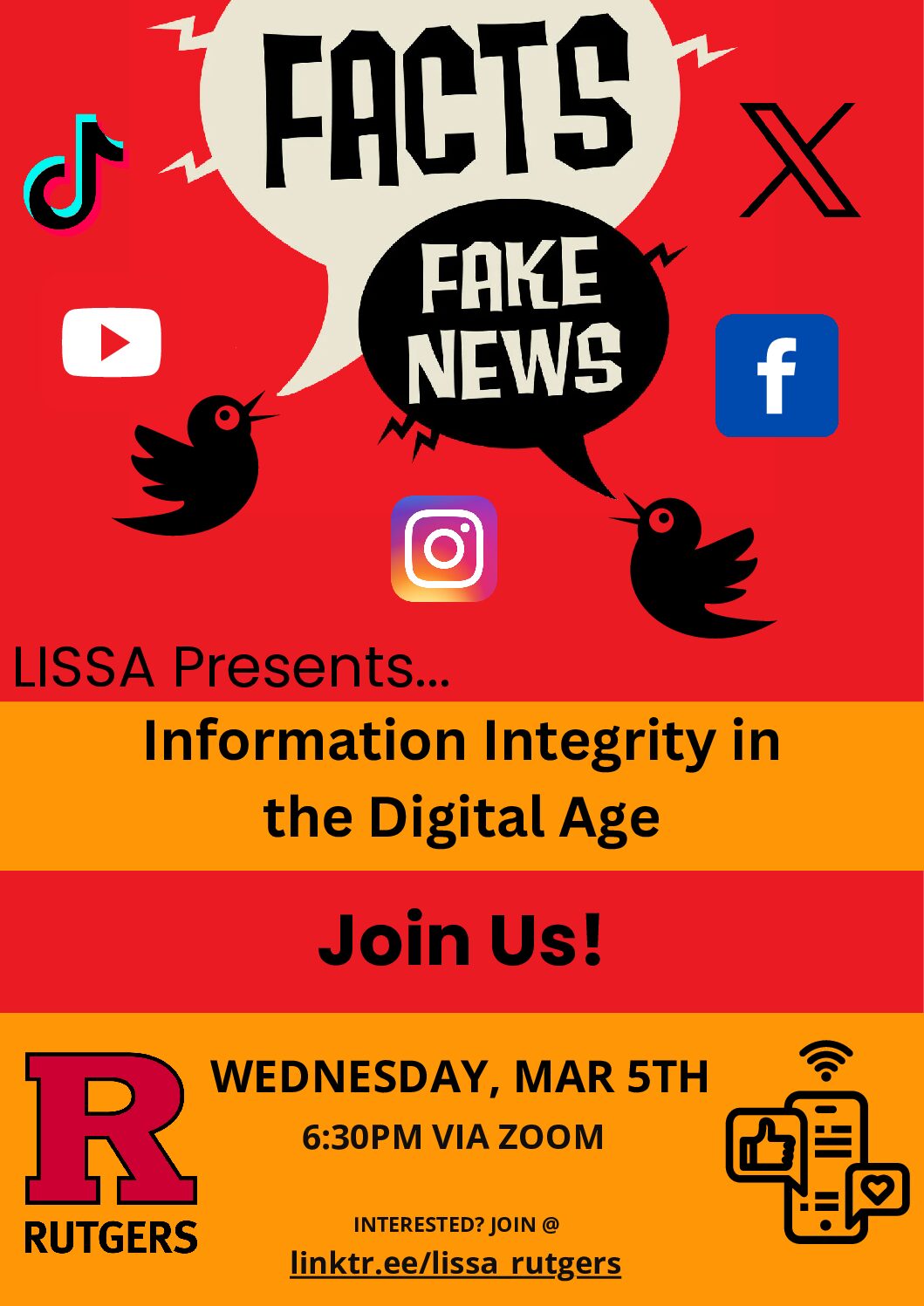 Flyer with orange and red boxes and bubbles. Text says to Join LISSA at the Fall 2023 Welcome Meeting on October 24th at 7:30pm.