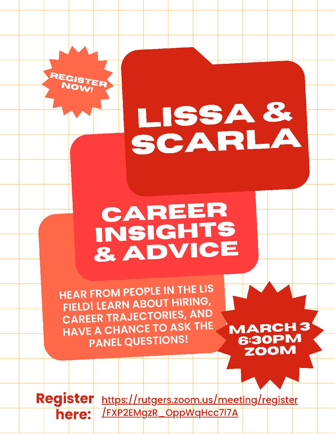 Flyer with orange and red boxes and bubbles. Text says to Join LISSA at the Fall 2023 Welcome Meeting on October 24th at 7:30pm.