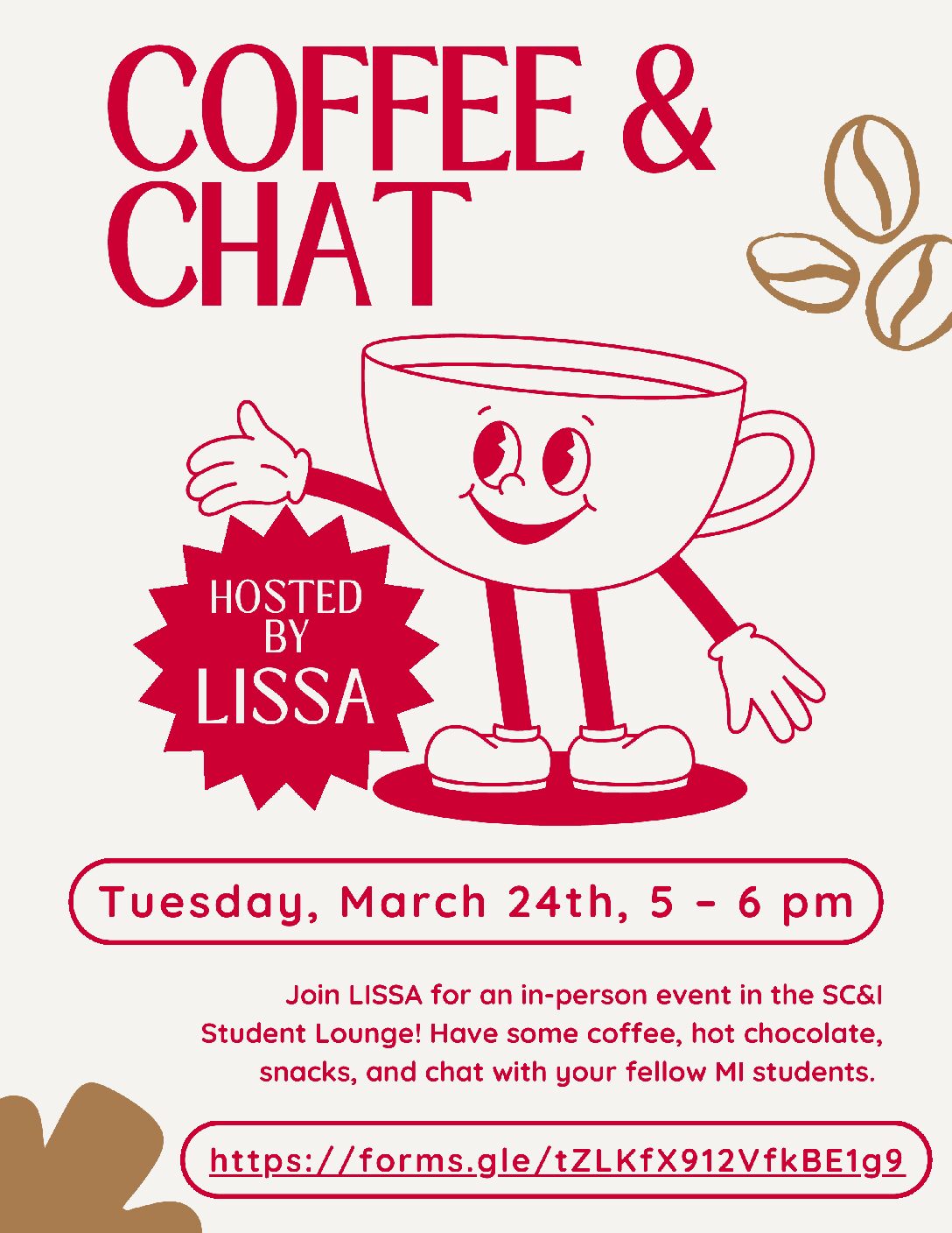 Flyer with orange and red boxes and bubbles. Text says to Join LISSA at the Fall 2023 Welcome Meeting on October 24th at 7:30pm.