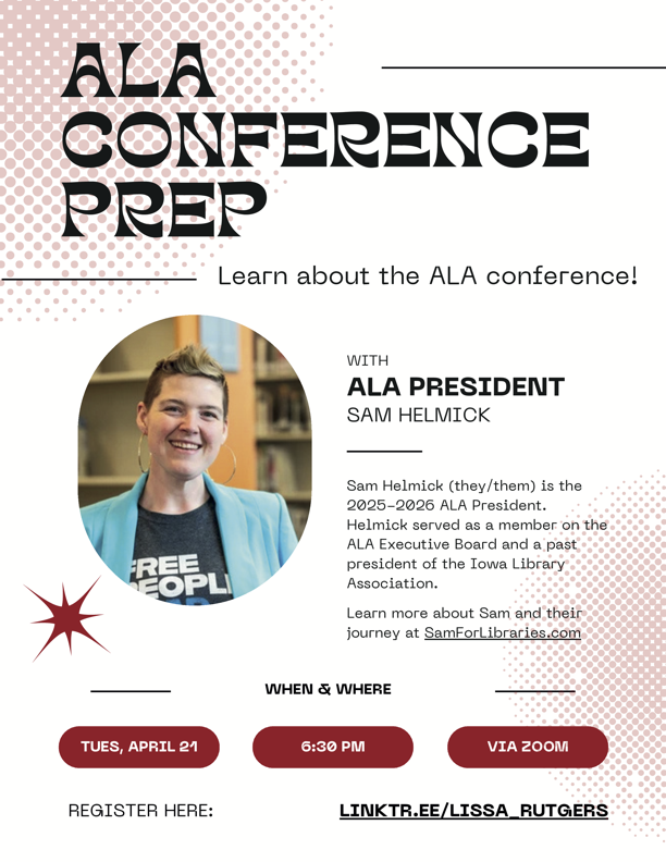 LISSA ALA Conference Prep Flyer with orange and red boxes and bubbles. Text says to Join LISSA at the Fall 2023 Welcome Meeting on October 24th at 7:30pm.